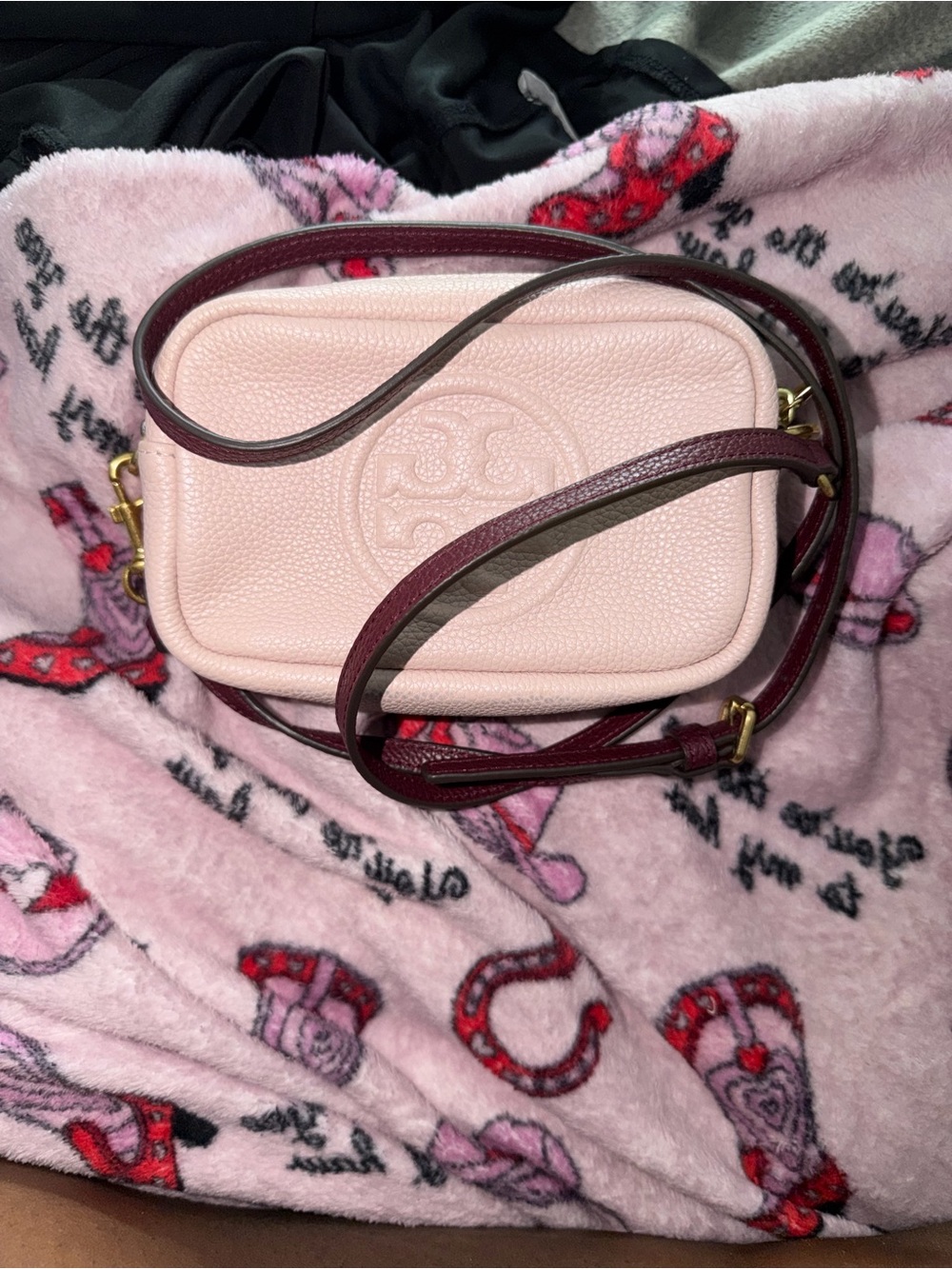Tory Burch Blush Pink Pebbled Leather Crossbody with Burgundy Strap